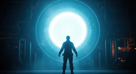 Fototapeta premium Silhouetted figure stands before a large, bright, circular portal/machine