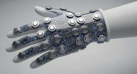 Robotic hand with intricate circuit patterns and silver circular sensors on a white background studio shot