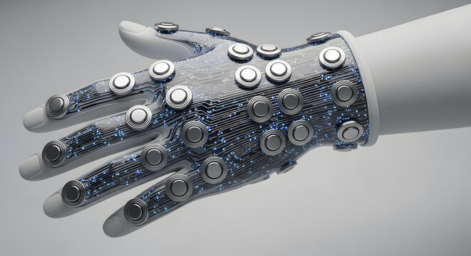 Robotic hand with intricate circuit patterns and silver circular sensors on a white background studio shot