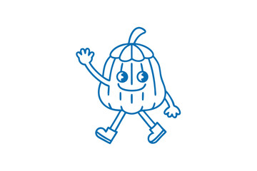 Blue line art pumpkin character cheerfully waving while walking on a white background
