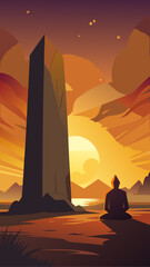 Silhouette of a person meditating near a tall monolith at sunset