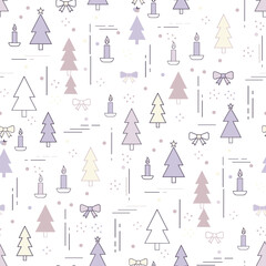 Christmas Tree Pattern Vector. Seamless Christmas Tree Pattern with candle and bow. Cozy festive seamless pattern Background.