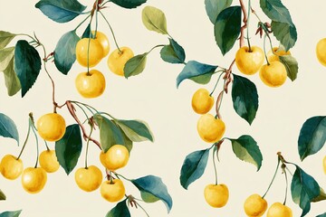 Obraz premium Hand-drawn seamless pattern of yellow cherries and green leaves in vintage watercolor style, soft edges and detailed shading on white, for nursery wallpaper and textile design.