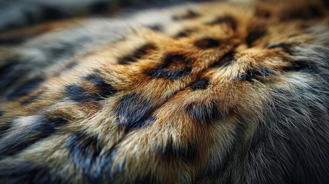Detailed closeup reveals luxurious fur textures with a blend of brown, orange, and black patterns, creating a tactile and appealing visual, capturing the essence of animal skin, with soft lighting...