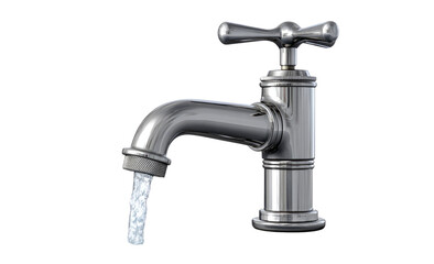 Water faucet with water flowing on transparent background
