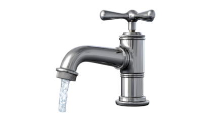 Water faucet with water flowing on transparent background