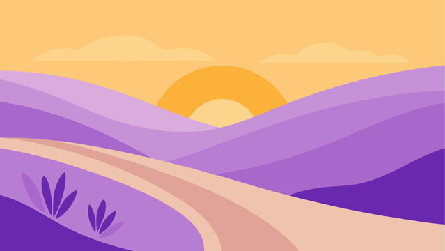 Stylized landscape with rolling hills and a sunset over the horizon