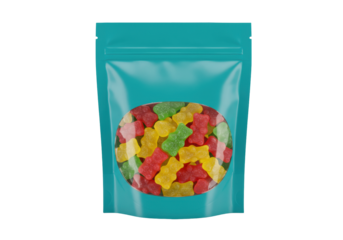 Isolated bag of gummy bears, various colors, candy treat, sweet, snack, confectionery food