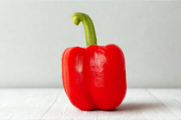 Vibrant red bell pepper with green stem on white surface
