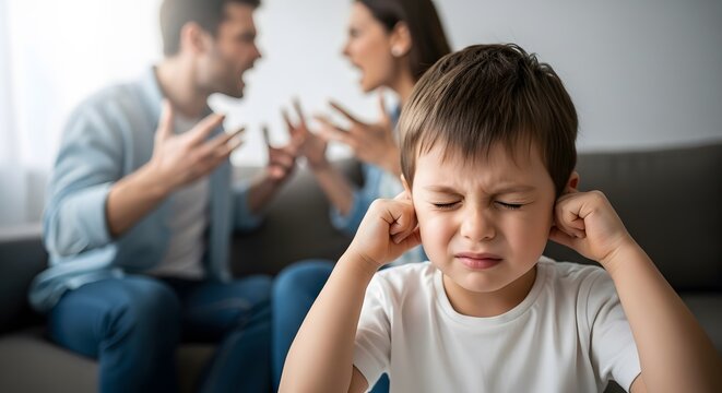 A young boy covers his ears, distressed by his parents arguing in the background, highlighting the impact of conflict on children