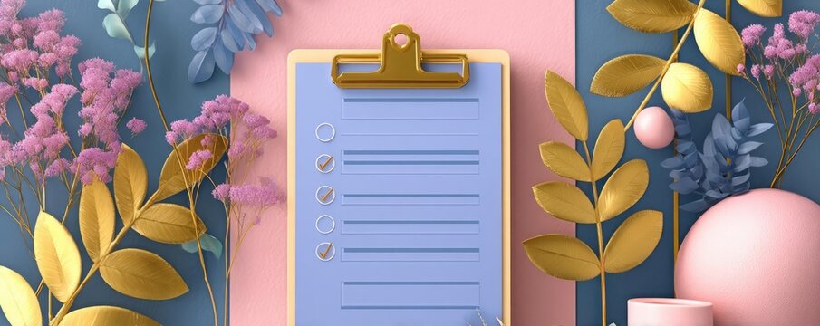 Close up view of checklist and wedding invitations concept. Stylish checklist on clipboard with decorative floral elements.