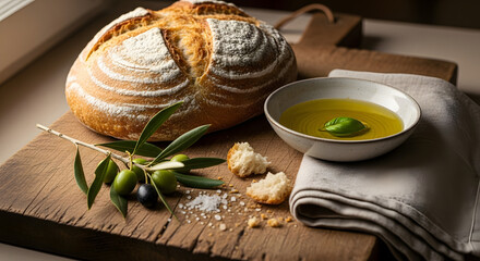 A loaf of bread with olive oil and olives on a wooden board near a window with natural light