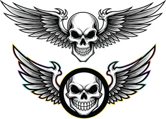 Winged Skull Illustrations Set: Vintage Graphic Artwork for Tattoo Design, Motorcycle Club Emblems & Rock Music Merchandise with Gothic Art & Retro Style, Ideal for Halloween, Horror Themes & Dark Fan