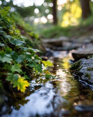 Fototapeta premium Serene Forest Stream with Lush Green Foliage