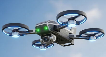 A drone with four propellers and a camera is flying in the sky during the daytime outdoors