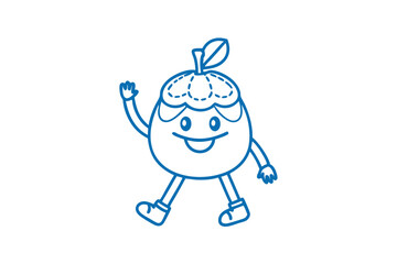 Charming acorn character happily walks and waves its hand, outlined in blue against a white background