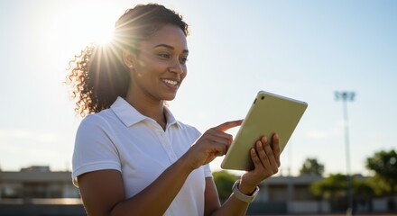 Smiling young woman using tablet outdoors in bright sunlight, connecting and browsing with modern technology