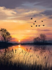 Serene Sunset Over a Tranquil Lake with Flying Birds