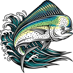 Vibrant Mahi-Mahi Leaping from Ocean Waves Artwork: Sportfishing Illustration for Marine Life Enthusiasts, Coastal Decor, Wildlife Art Prints, and Seafood Marketing Materials &ndash; Colorful Aquatic Fish D