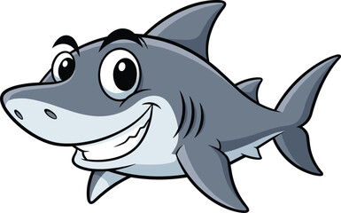 Fototapeta premium Cheerful Cartoon Shark Smiling Widely in Ocean Depths, Friendly Aquatic Creature for Children's Education and Marine Life Awareness, Animated Character for Digital Illustration and Educational Resourc