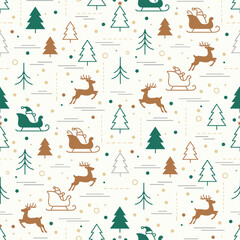 Christmas Tree Pattern Vector. Seamless Christmas Tree Pattern with Santa sleigh and reindeer. Snowy sky seamless pattern Background.