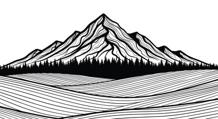 Majestic Mountain Peaks Landscape with Wavy Fields and Forest Silhouette, a Minimalist Vector Illustration for Nature Tourism, Outdoor Adventure, and Tranquil Escape Promotion, Ideal for Travel and Ad
