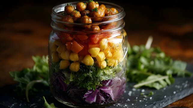 Layered rainbow salad in a mason jar with chickpeas and fresh greens healthy meal prepa n