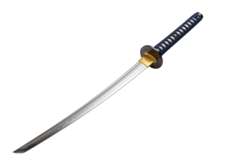 Isolated Katana sword, sharp blade, traditional Japanese weaponry with blue handle wrap