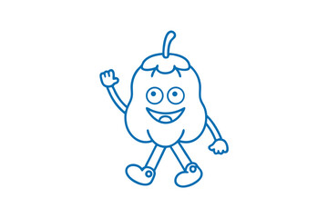 cartoon pear waves hello while walking on a solid white background alone