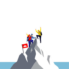 Obraz premium Illustrative depiction of a triumphant climbing team celebrating victory on a mountain peak, symbolizing teamwork and achievement