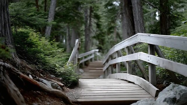 Wooden bridge path through a lush green forest.