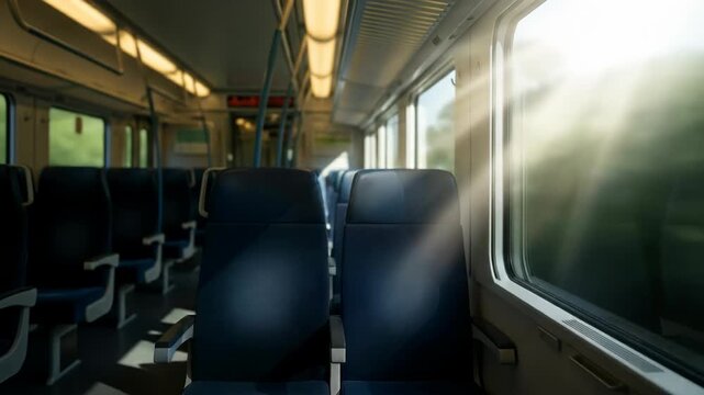 Inside a train car, rows of blue seats are illuminated by sunlight streaming through windows