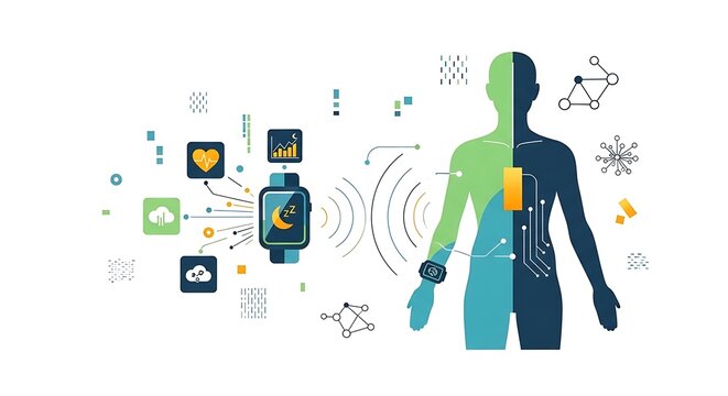 Digital health concept with smart watch displaying health data and human silhouette with medical icons and scientific diagrams - Powered by Adobe
