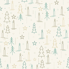 Christmas Tree Pattern Vector. Seamless Christmas Tree Pattern with Candle and Star. Festive night seamless pattern Background.