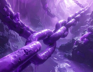Surreal purple chain bridge across a cavernous, otherworldly landscape