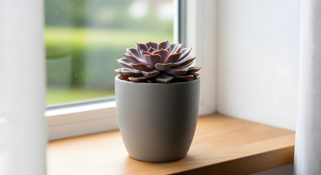 A potted succulent plant sits on a windowsill with a blurred green background outside the window