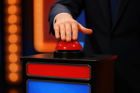 Hand about to press a red button on a blue-lit panel, symbolizing urgency or decision-making