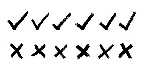 Set of Tick and Cross Brush Strokes. Grunge Check Mark and X Symbol Vector Collection for Abstract Design, Decoration, and Background Art