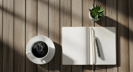 Overhead shot of coffee notebook pen and plant on wooden surface with shadow patterns from sunlight
