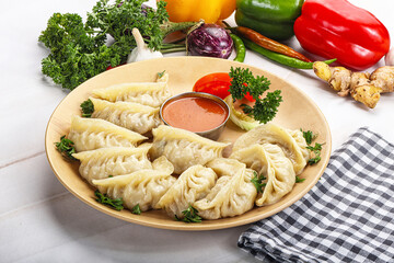 Tibetian dumplings Momo with chicken, meat or vegetables