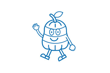 Blue cartoon fruit character with face waves hello as it walks cheerfully
