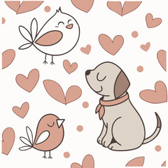 Fototapeta premium Cute cartoon animals with dogs and birds on a heart background 