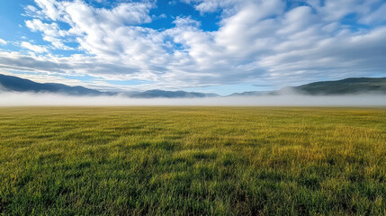 Fototapeta premium Vast green field blue sky with clouds, fog gently rolling across landscape, creating serene