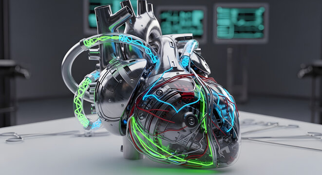 A futuristic metallic heart with glowing wires in a sterile medical environment with surgical tools