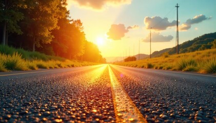A captivating summer scene of intense heat radiating from sun-baked asphalt, shimmering air above the ground, and intense sunlight , sunlight, shimmering heat, haze