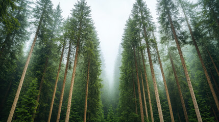 Fototapeta premium Tall trees surrounded by fog create serene and meditative atmosphere in forest