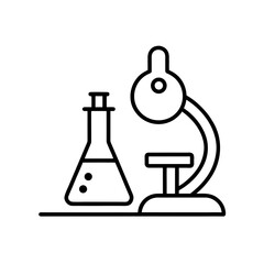 Line drawing of microscope and laboratory flask icon on transparent background