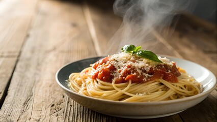 Fototapeta premium Steaming Hot Plate Of Spaghetti With Tomato Sauce And Parmesan Cheese On Rustic Wooden Table