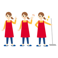 エプロンの女性（セット、全身）