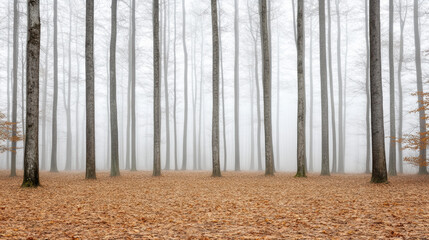 Naklejka premium Ethereal fog envelops tall trees in serene forest, creating tranquil atmosphere